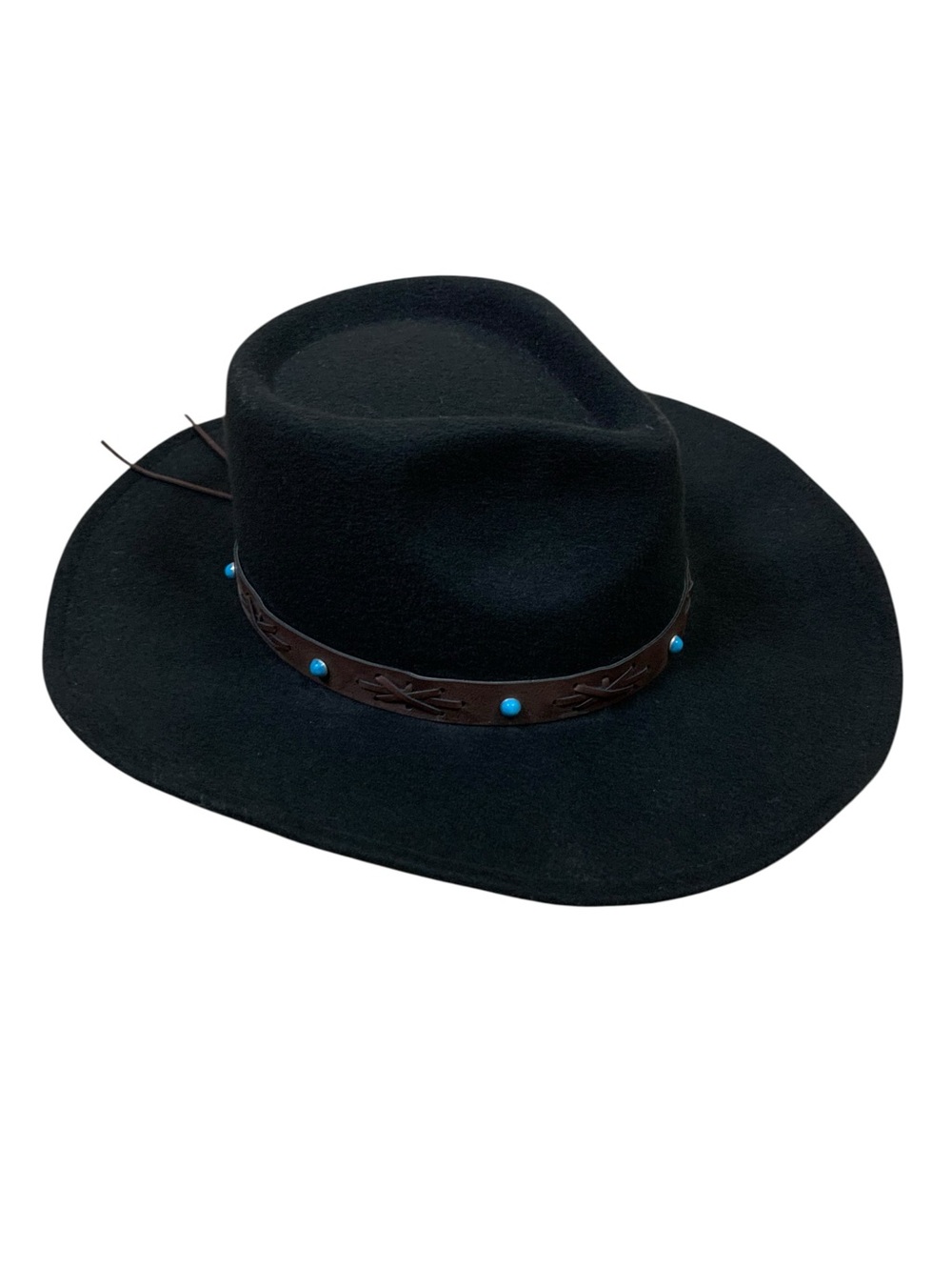 Frye OSFM Black Western Cowboy Hat Turquoise Stud Leather Band Wide Brim